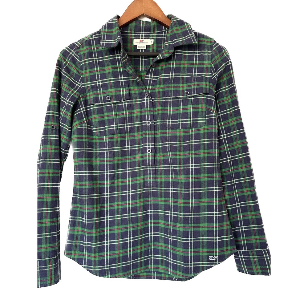 Vineyard Vines Womens Green Plaid Flannel Button Up Shirt Size 0 2W0590
